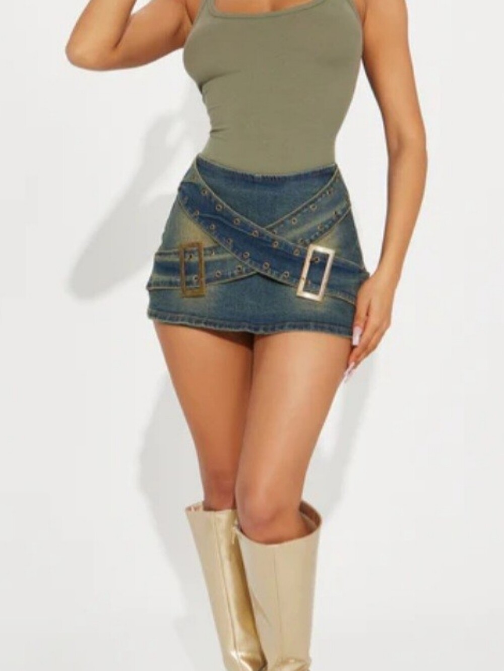 NWOT Jean Denim Grommet Crisscross Waist Belt Skort Skirt - Blue